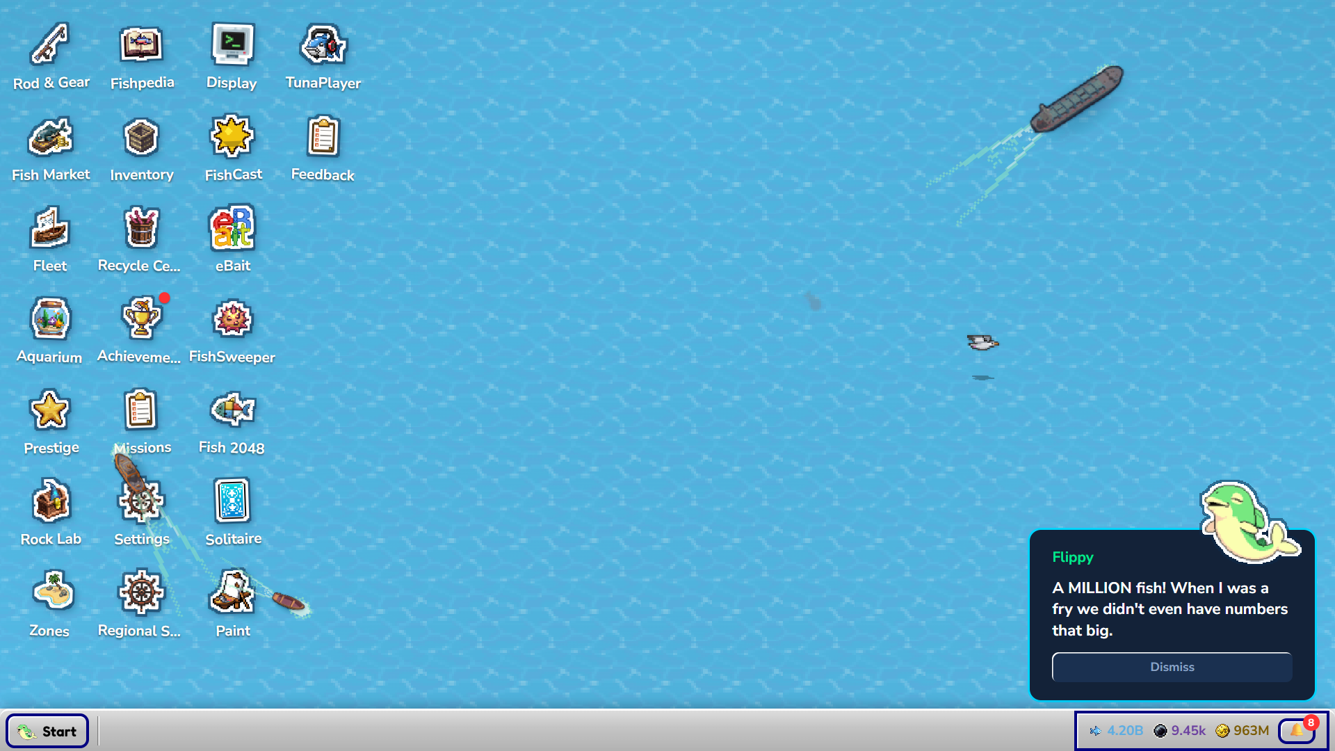 The FISH.OS desktop: a column of program icons over open water, a boat trawling the horizon, and Flippy the assistant talking from the corner.