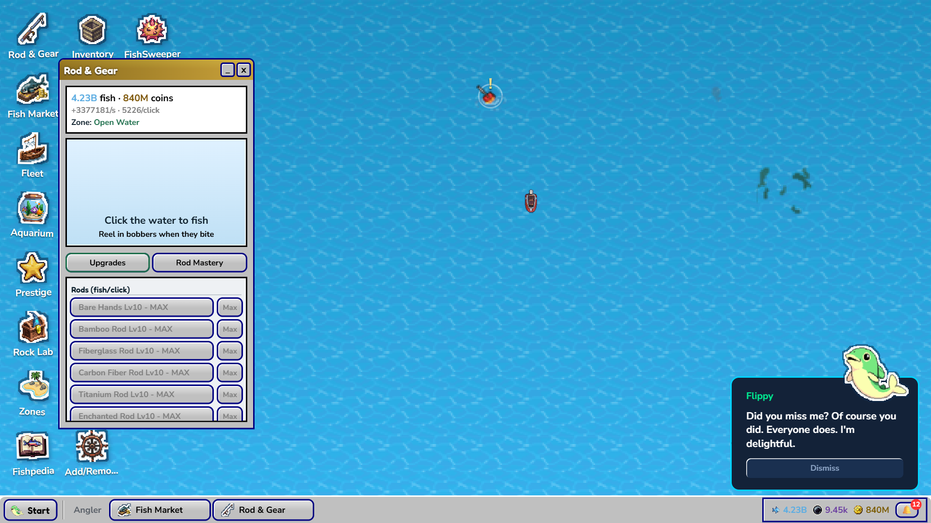 The FISH.OS desktop. A Rod and Gear window lists maxed rods over an ocean wallpaper, while Flippy the assistant talks from the corner.