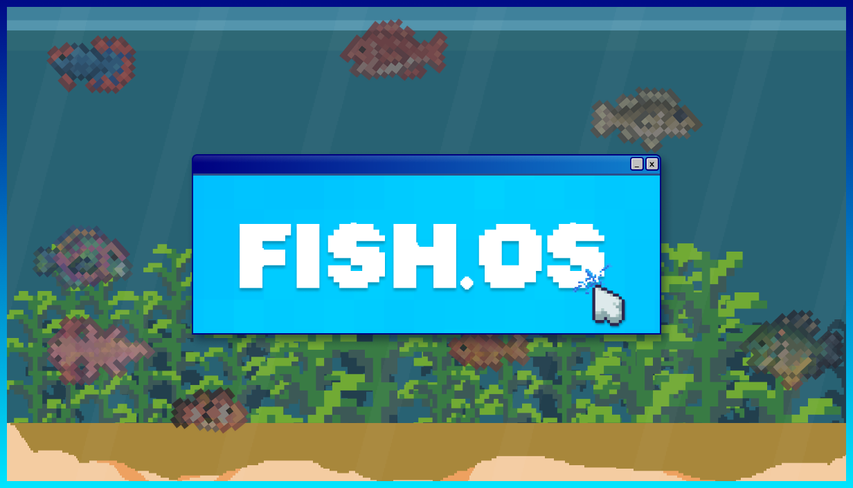 FISH.OS main capsule: the logo window floating in an aquarium.
