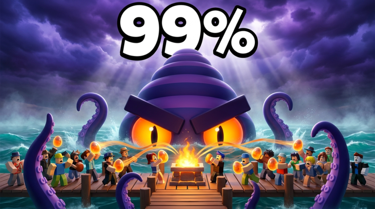 Summon a Kraken: players on a dock feeding glowing eggs into an altar while a giant kraken rises behind them