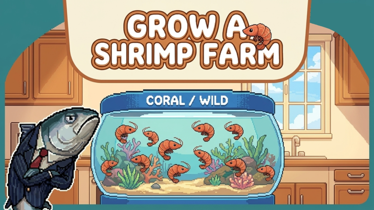 Grow a Shrimp Farm: a pixel-art kitchen aquarium full of shrimp, with a fish in a business suit standing beside it