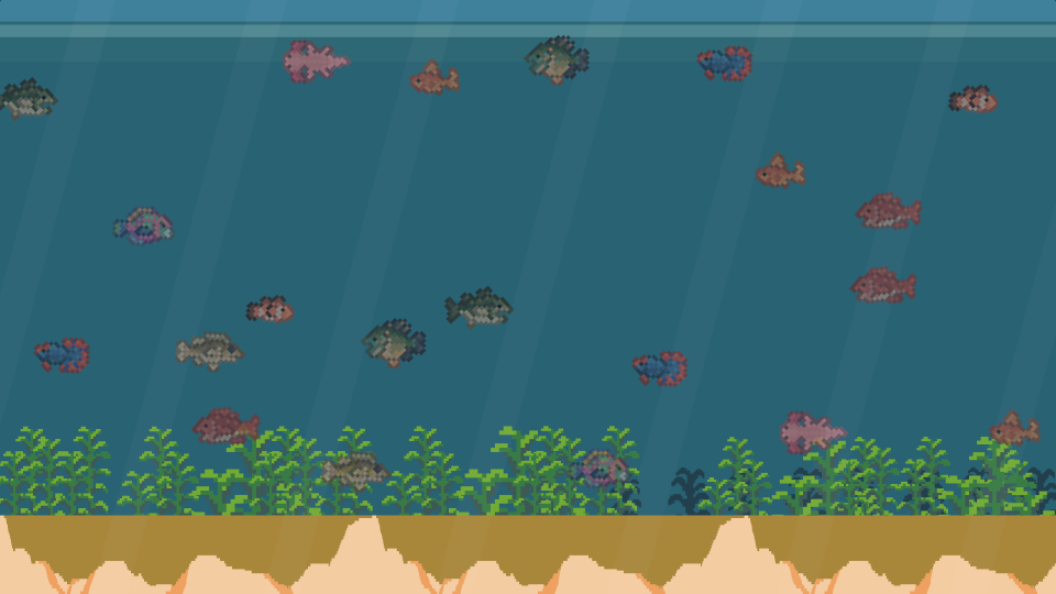Text-free FISH.OS key art: a pixel-art aquarium full of fish, kelp and sand.