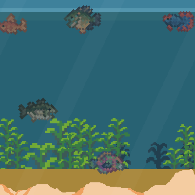 Square crop of the FISH.OS aquarium: pixel-art fish over kelp and sand, no text.
